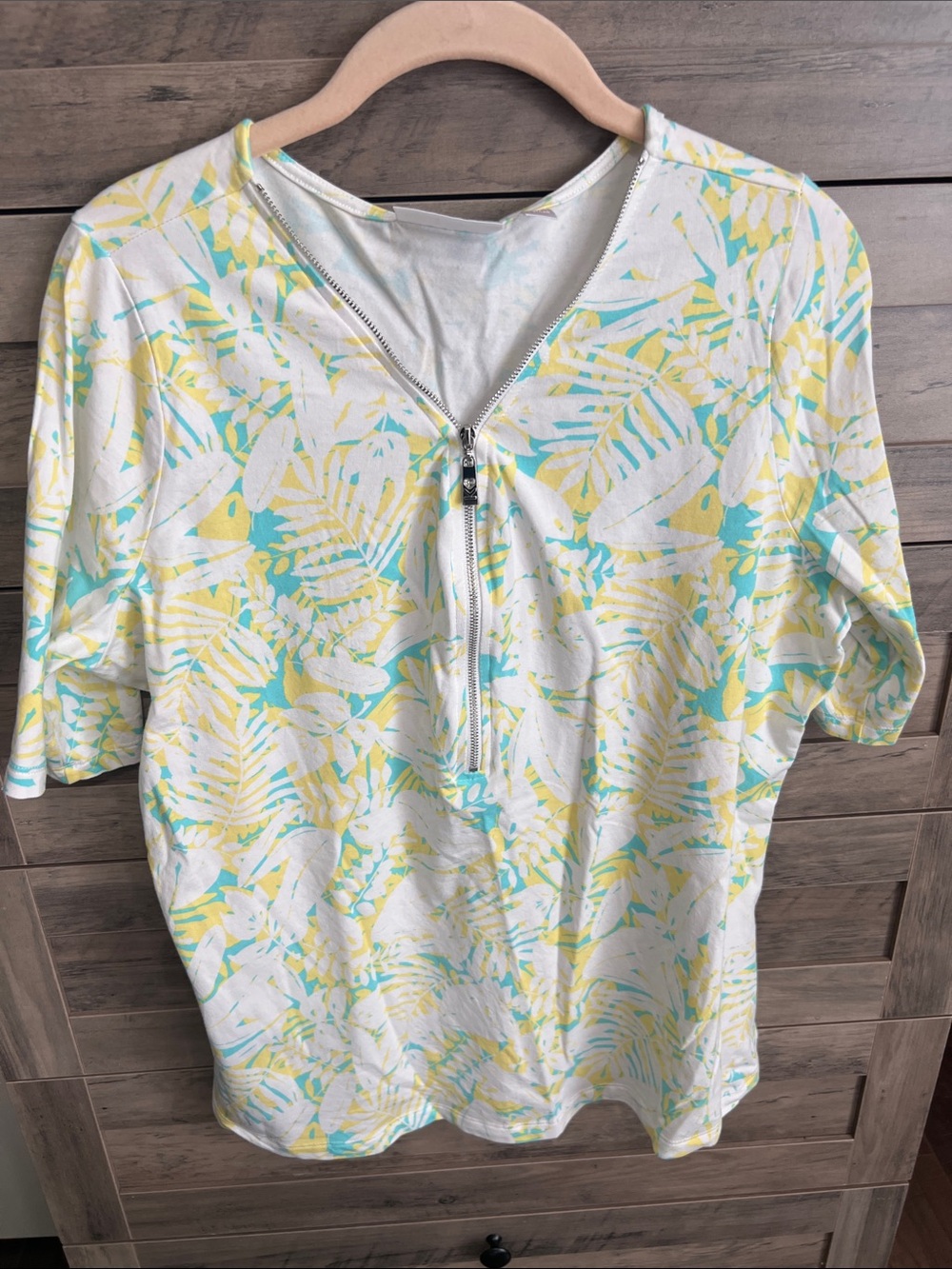 Belle by Kim Gravel White Top with Yellow & Aqua Trim